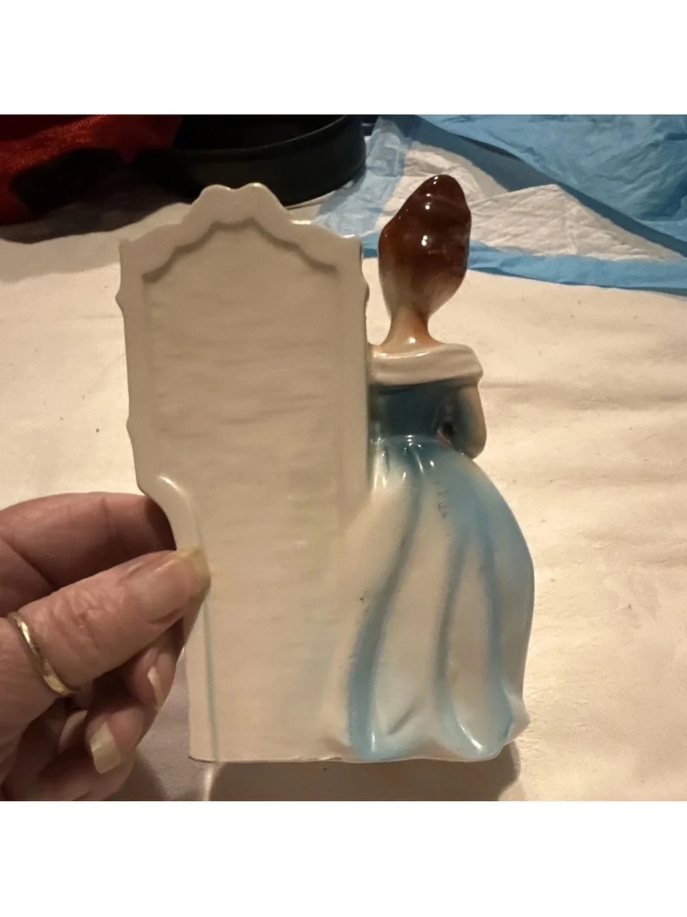 Vintage Ceramic Blue and Pink Lady Figurine lip stick holder  Set